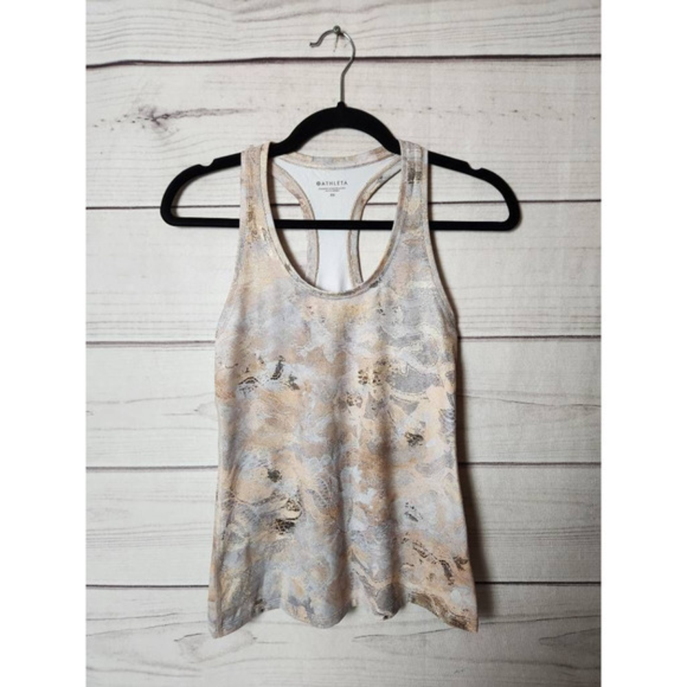 Athleta Womens Tank Top Shirt Beige Abstract Sleeveless Scoop Neck Racerback XS